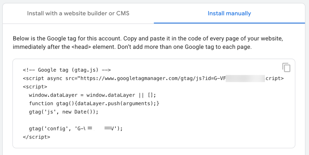 The Google tag code snippet shown under Install manually in GA4 stream details