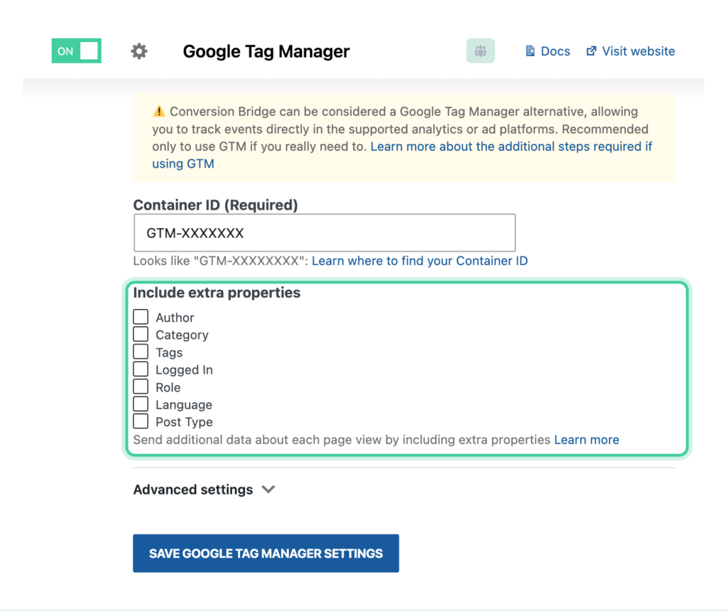 Google Tag Manager settings in Conversion Bridge with the Include extra properties checkboxes highlighted