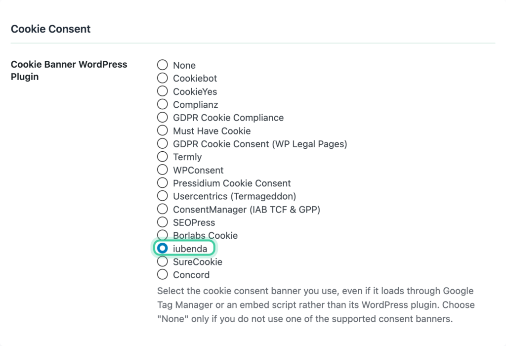 Cookie Consent section of the Conversion Bridge Options tab with iubenda selected