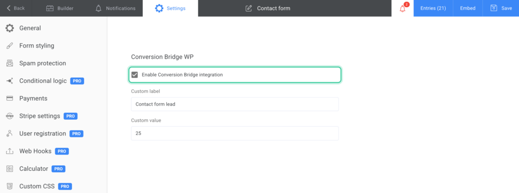 Kali Forms editor Settings tab with Conversion Bridge selected, showing the enable checkbox, custom label, and custom value fields