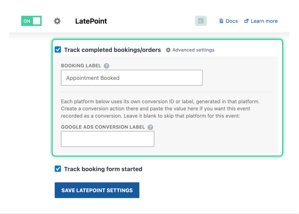 LatePoint integration in Conversion Bridge with Track completed bookings enabled and the booking label field