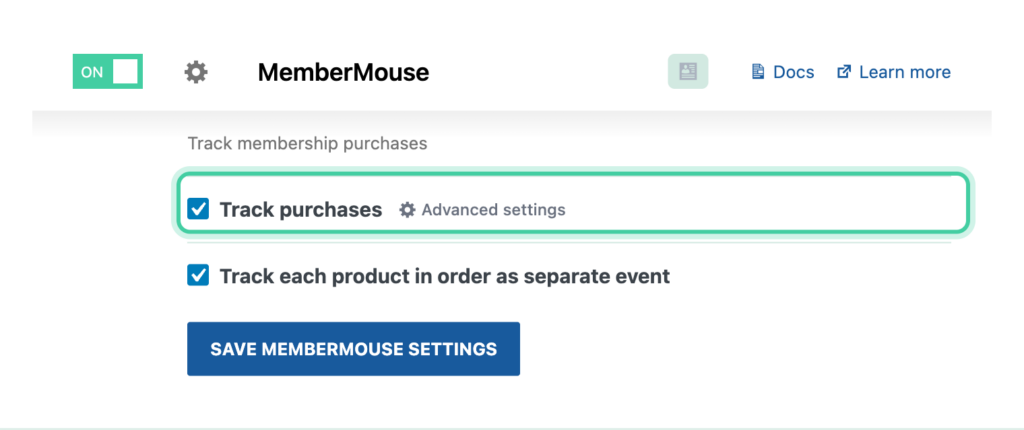MemberMouse integration in Conversion Bridge with Track purchases enabled and the order label field