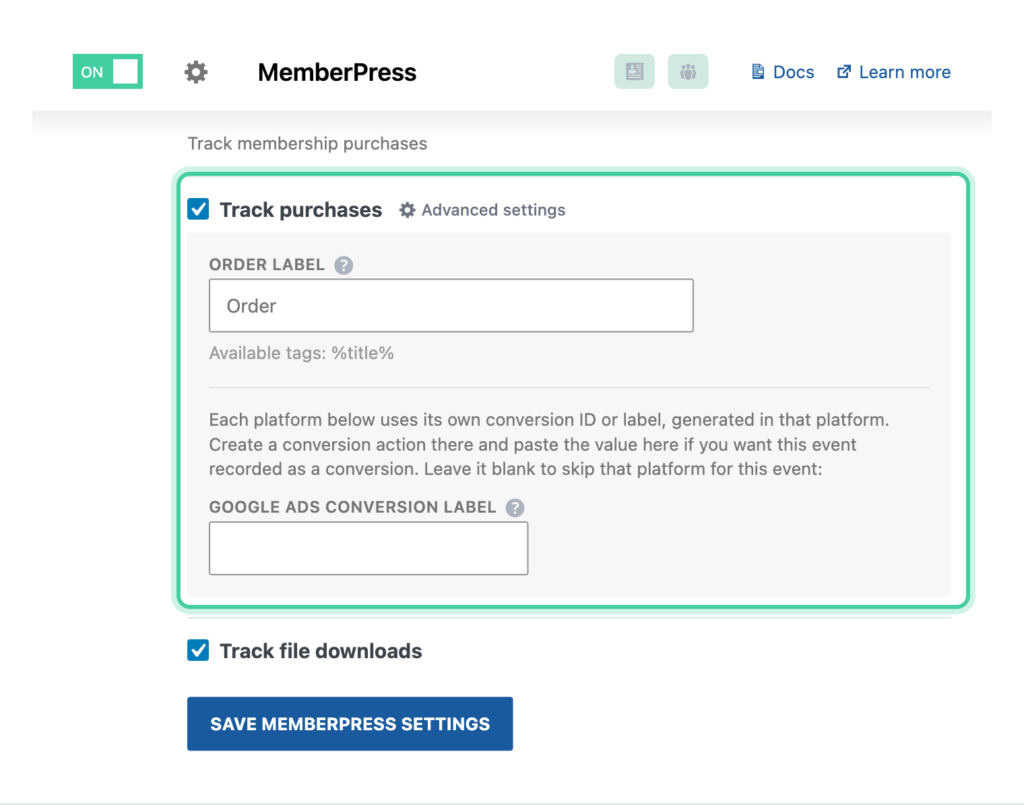 MemberPress integration in Conversion Bridge with Track purchases enabled and the order label field
