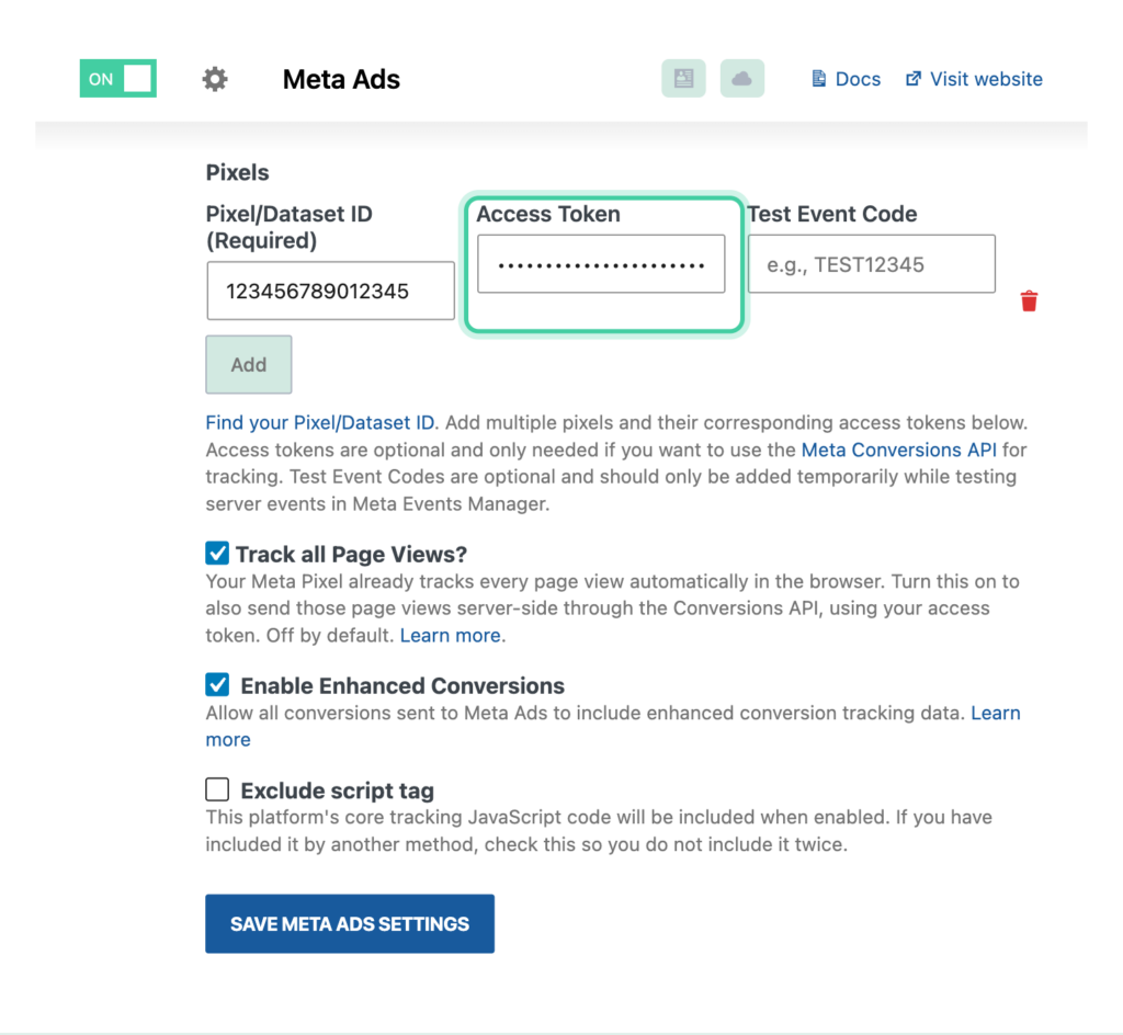 Meta Ads pixel row in Conversion Bridge with the Access Token field highlighted