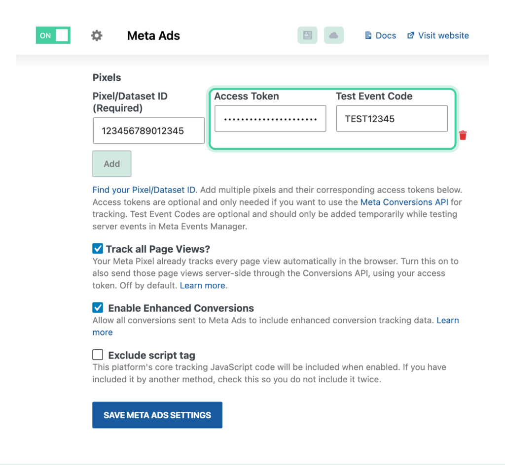 Meta Ads pixel row in Conversion Bridge showing the Access Token and Test Event Code fields