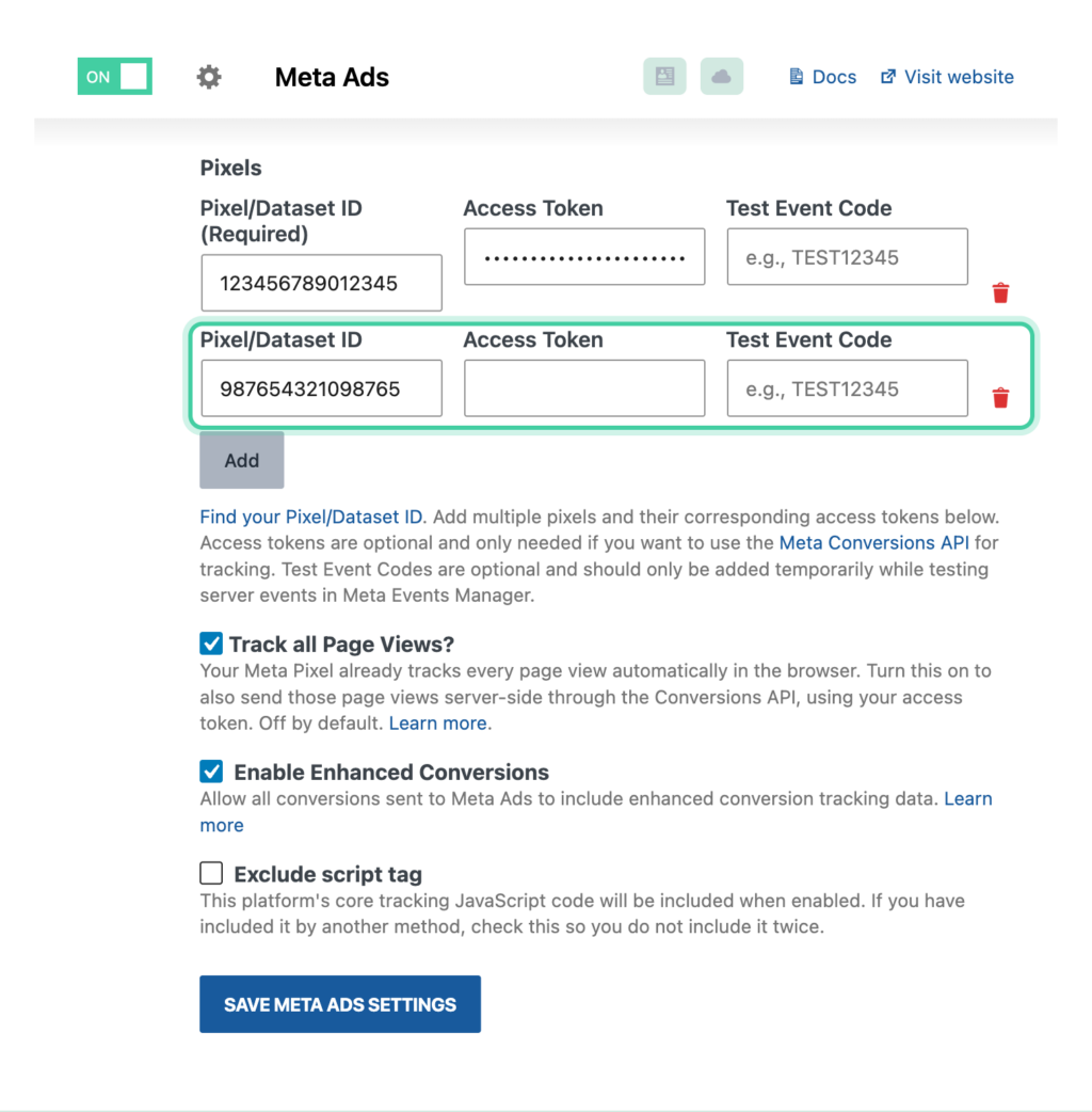 Meta Ads settings in Conversion Bridge with a second pixel row added