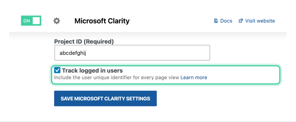 Microsoft Clarity settings in Conversion Bridge with Track logged in users checked