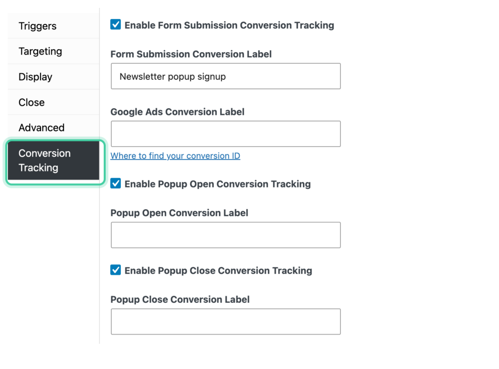 Popup Maker popup settings with the Conversion Tracking tab selected, showing the form submission, popup open, and popup close tracking options