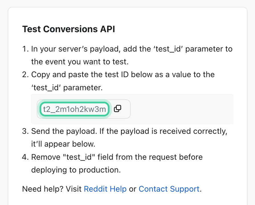 Reddit Ads Event testing page showing the Test Conversions API box with the test ID to copy