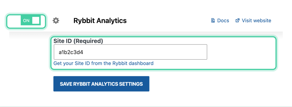 Rybbit Analytics enabled in Conversion Bridge Platforms with the Site ID field highlighted