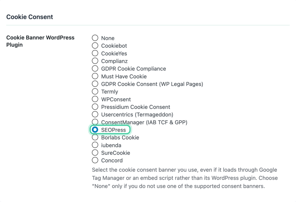 Cookie Consent section of the Conversion Bridge Options tab with SEOPress selected
