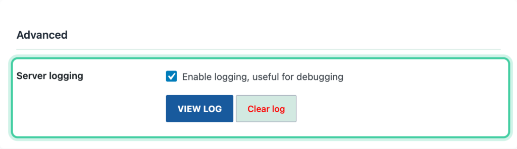Server logging enabled in the Advanced section of the Conversion Bridge Options tab, with the View log and Clear log buttons