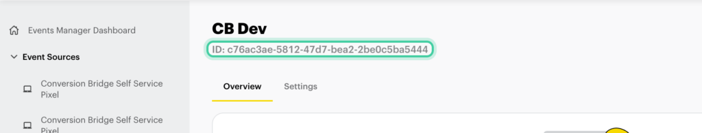 Snapchat Events Manager showing an event source with its Snap Pixel ID displayed under the name