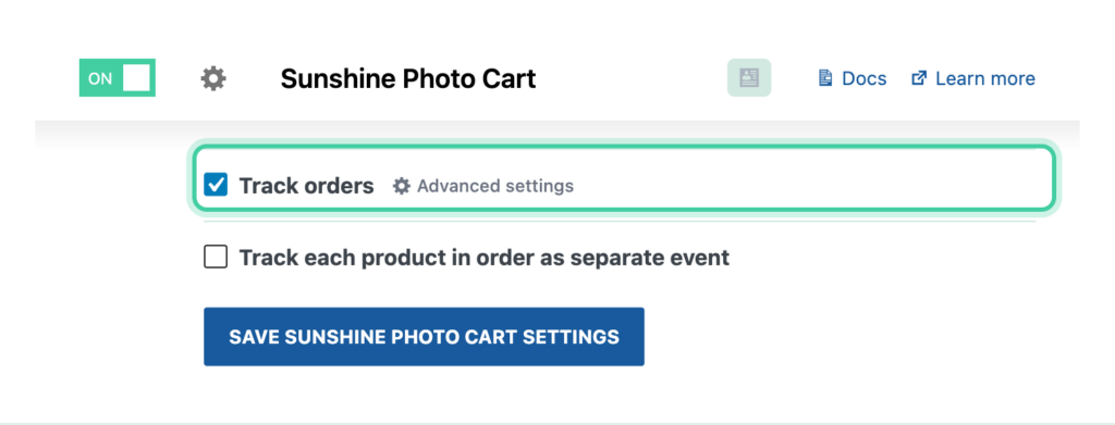 Sunshine Photo Cart integration in Conversion Bridge with Track orders enabled and the order label field