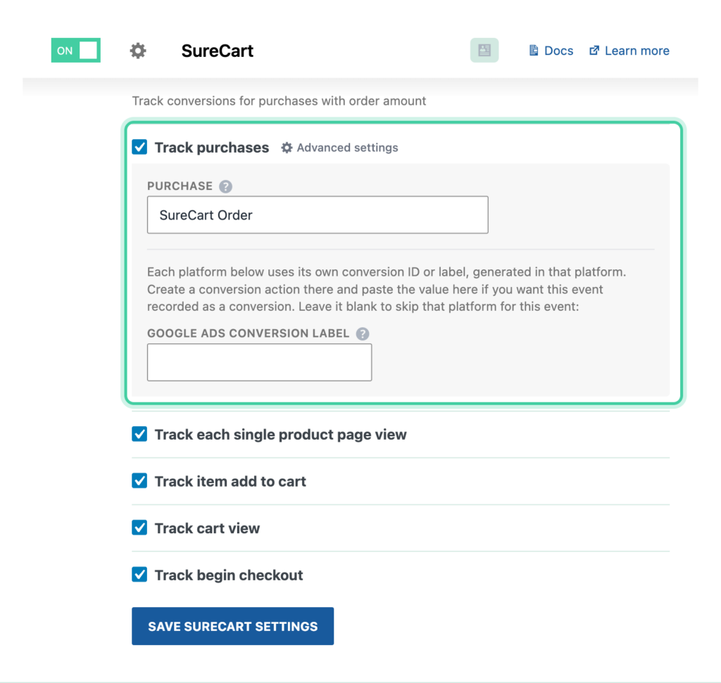 SureCart integration in Conversion Bridge with Track purchases enabled and the order label field