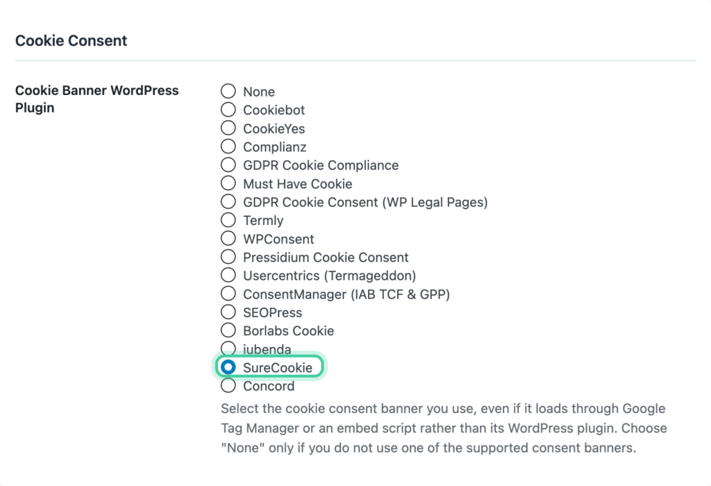 Cookie Consent section of the Conversion Bridge Options tab with SureCookie selected