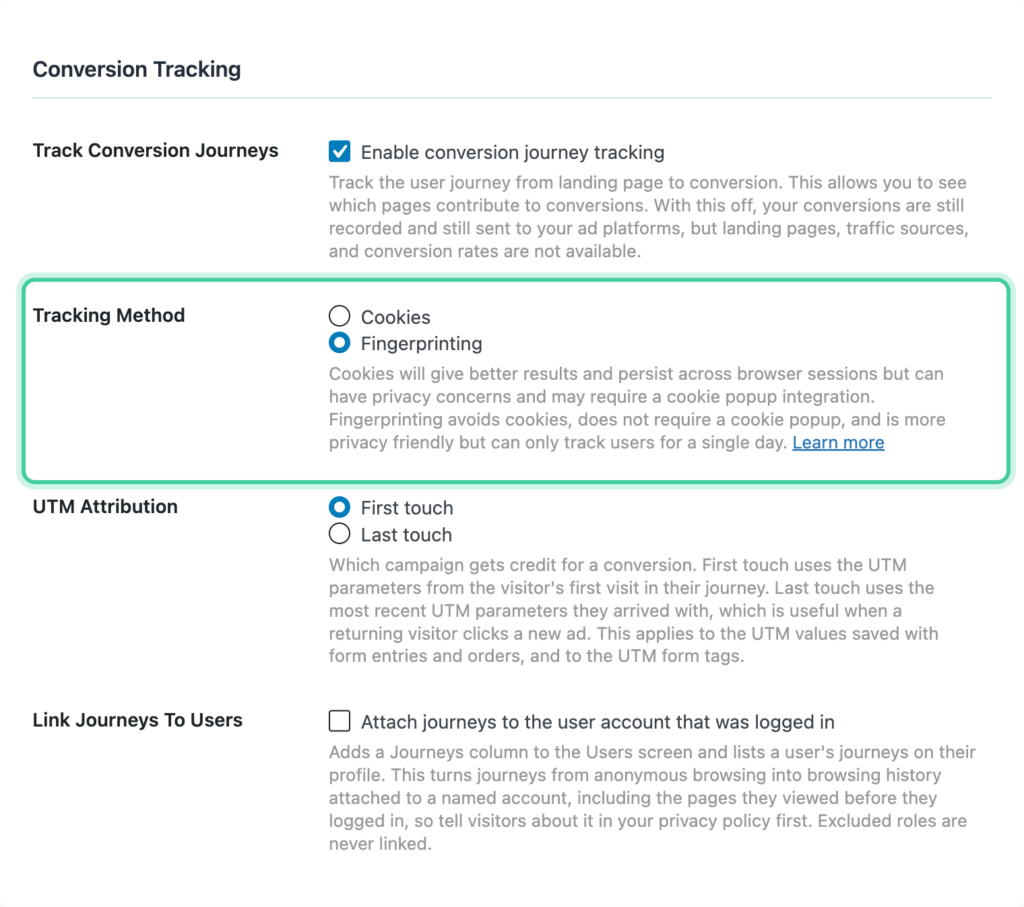 Tracking Method set to Fingerprinting in the Conversion Bridge Options tab