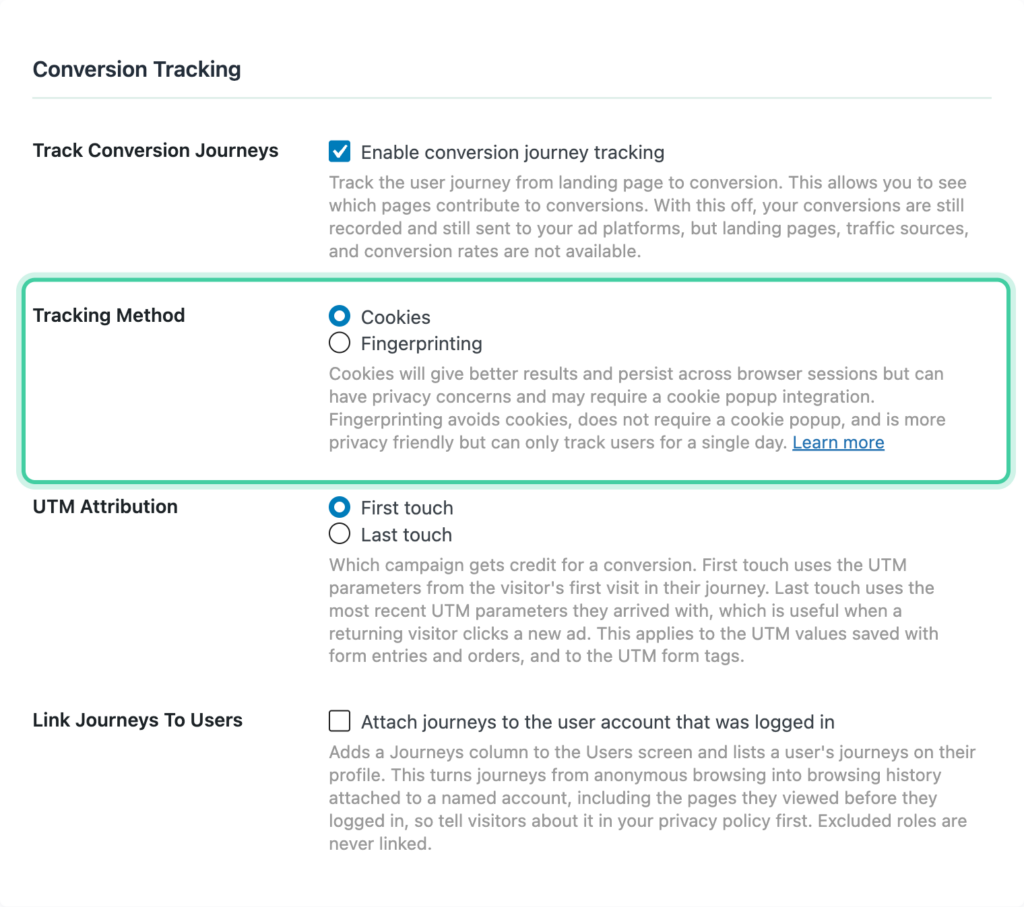 Conversion Tracking section of the Conversion Bridge Options tab with the Tracking Method choice highlighted
