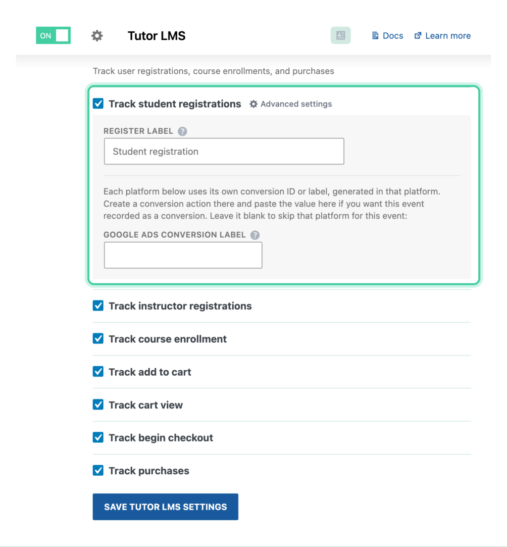 Tutor LMS integration in Conversion Bridge with student registration, instructor registration, and course enrollment tracking enabled