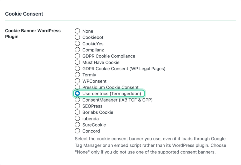 Cookie Consent section of the Conversion Bridge Options tab with Usercentrics selected