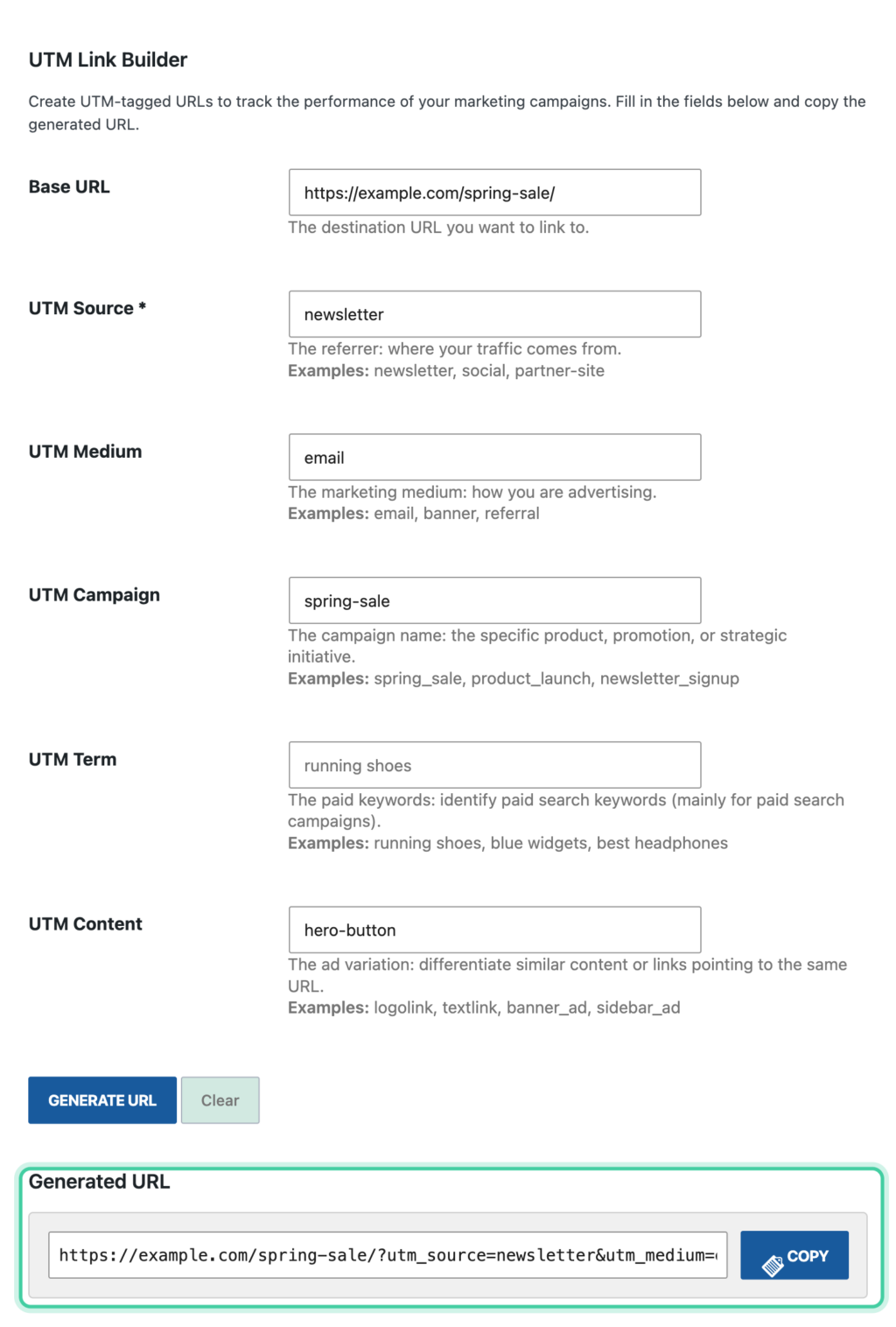 Conversion Bridge UTM Link Builder with source, medium, campaign, and content filled in and the generated URL highlighted at the bottom