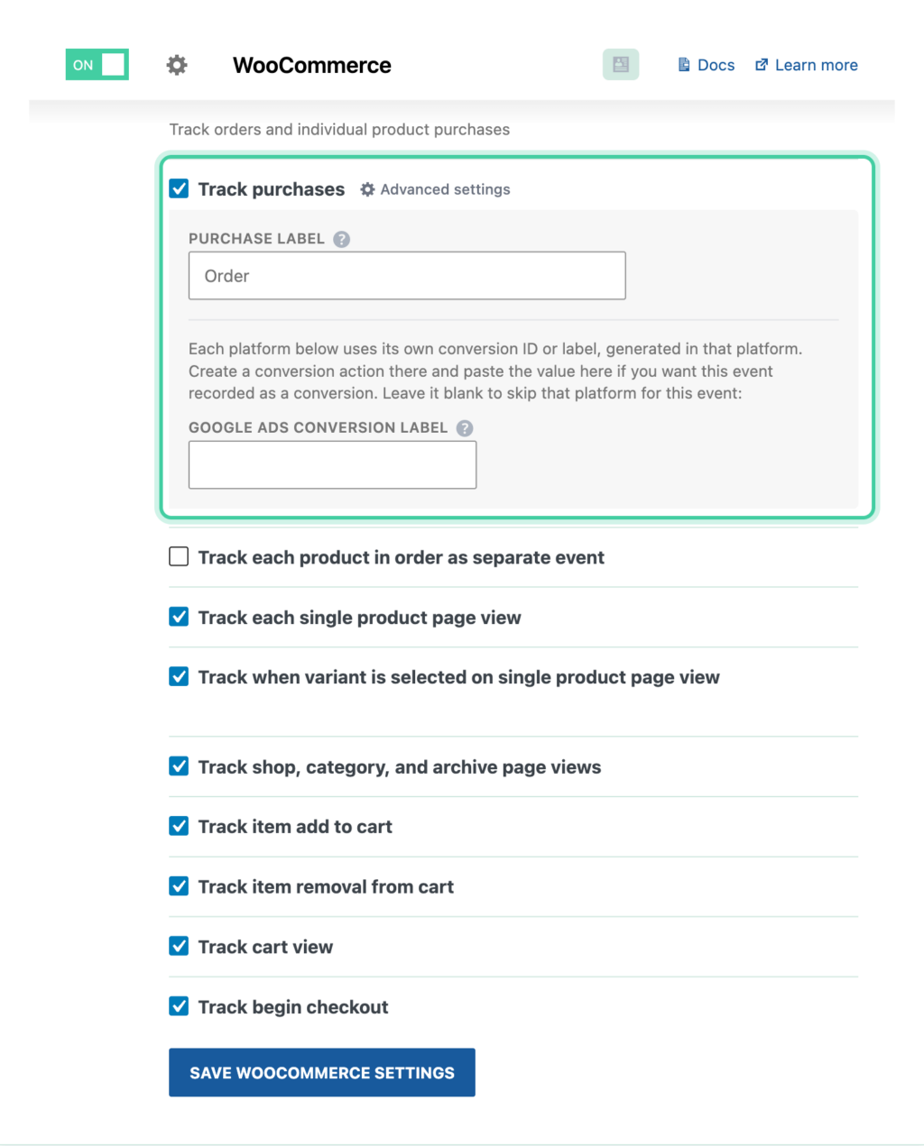 WooCommerce integration in Conversion Bridge with Track purchases enabled and the full event checklist below it