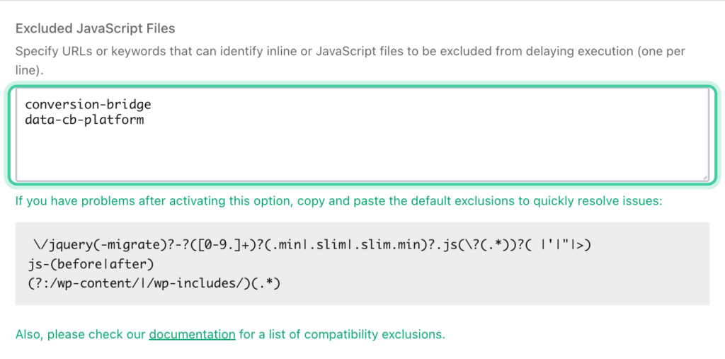 WP Rocket Excluded JavaScript Files box under Delay JavaScript execution with conversion-bridge and data-cb-platform entered