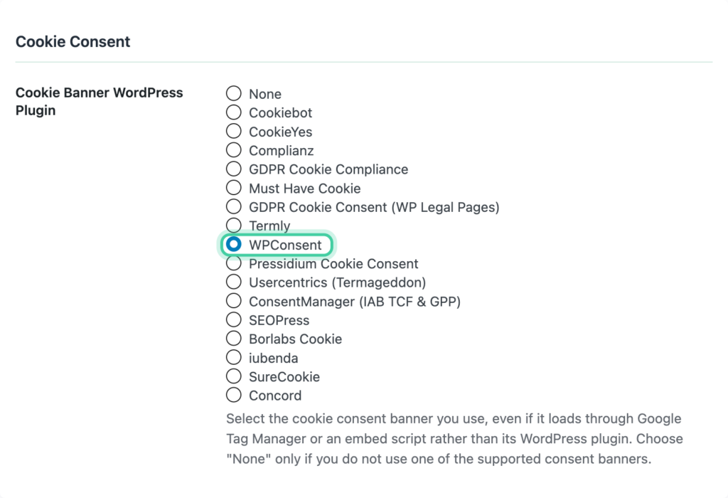 Cookie Consent section of the Conversion Bridge Options tab with WPConsent selected