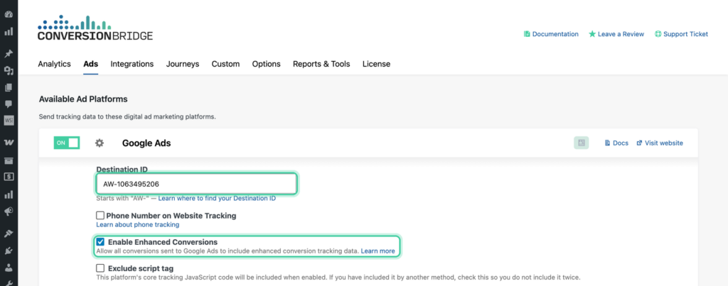 Conversion Bridge Google Ads settings with the Destination ID field and the Enable Enhanced Conversions checkbox highlighted