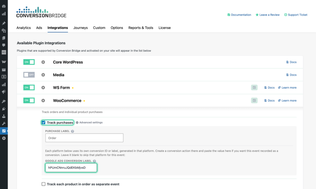 Conversion Bridge WooCommerce integration with Track purchases checked and the Google Ads Conversion Label field highlighted