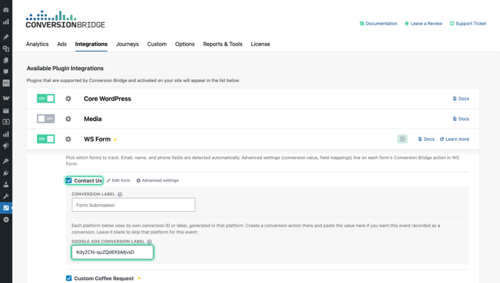 Conversion Bridge WS Form integration with the Contact Us form checked and its Google Ads Conversion Label field highlighted