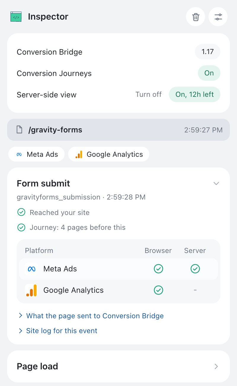 A form submit card showing Meta Ads received from both the browser and the server, and the visitor's journey count