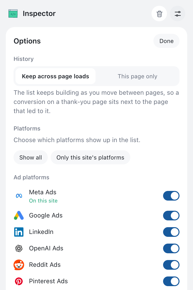 The Options screen with the history choice and platform toggles