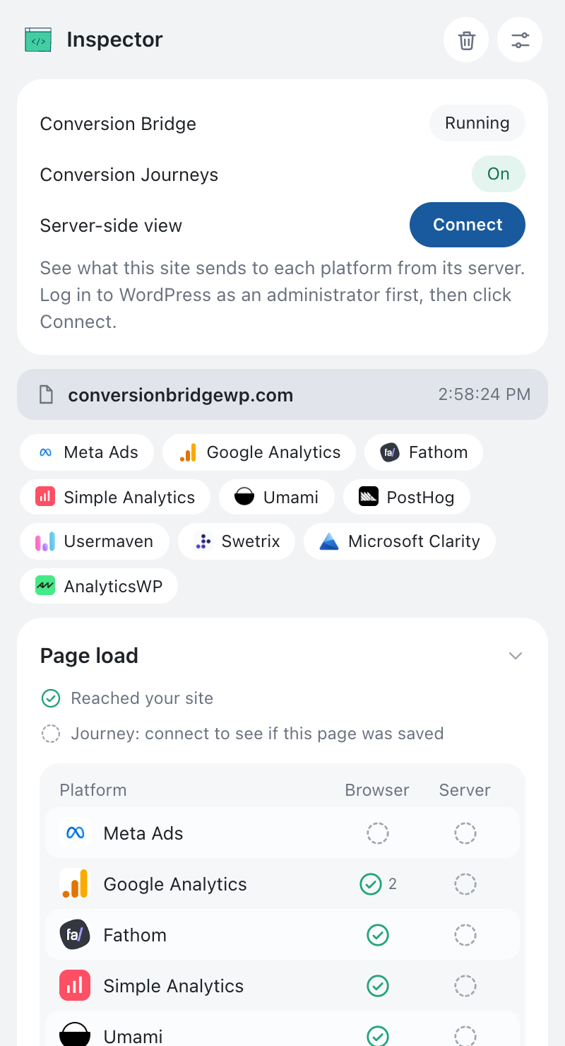 The Pixel Helper & Tag Inspector side panel on conversionbridgewp.com, showing ten detected platforms and the page load card