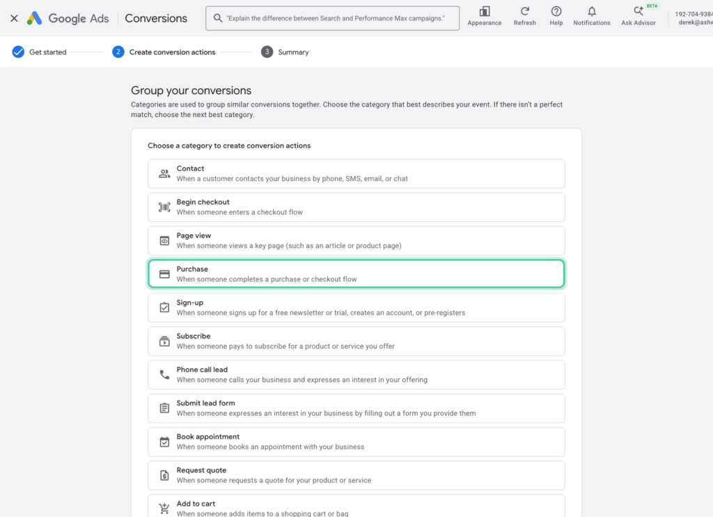 Google Ads conversion categories with Purchase highlighted