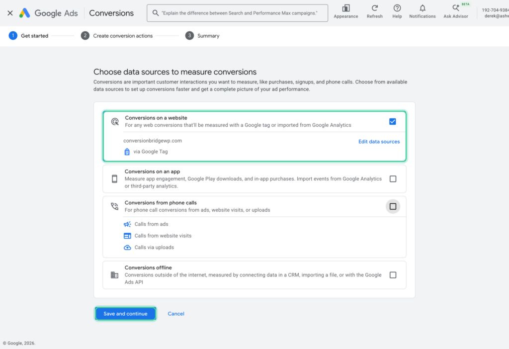 Google Ads data source choices with Conversions on a website checked and the Save and continue button highlighted