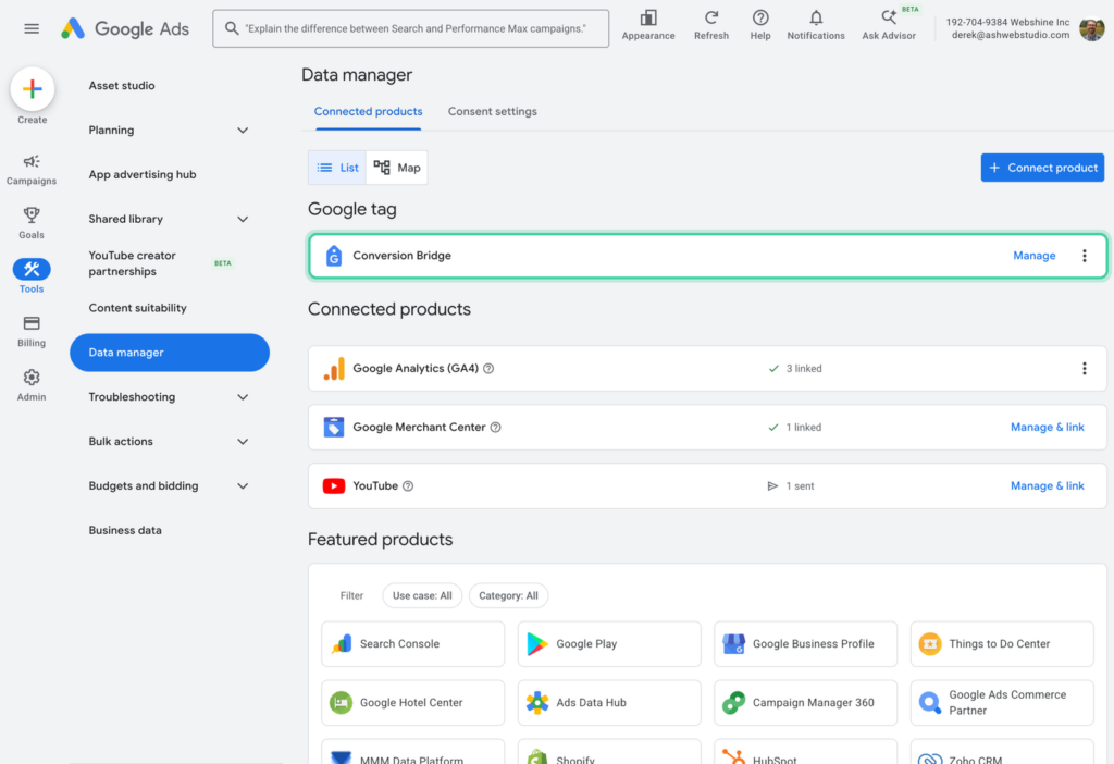 Google Ads Data manager with the Google tag row and its Manage link highlighted