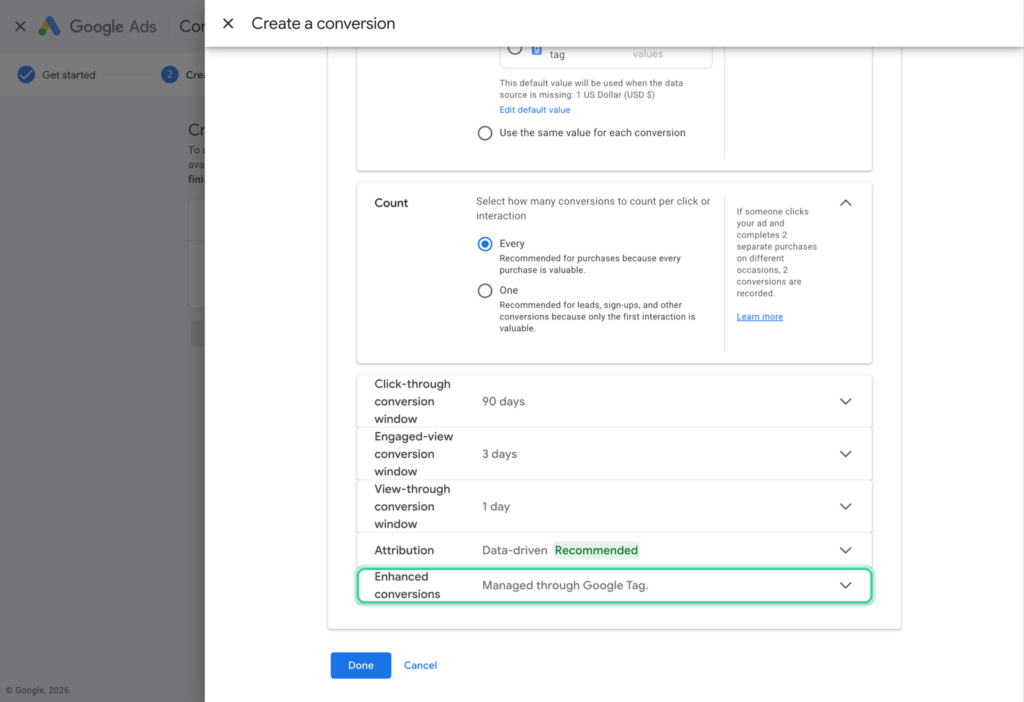 Google Ads conversion settings with the Enhanced conversions row showing Managed through Google Tag highlighted