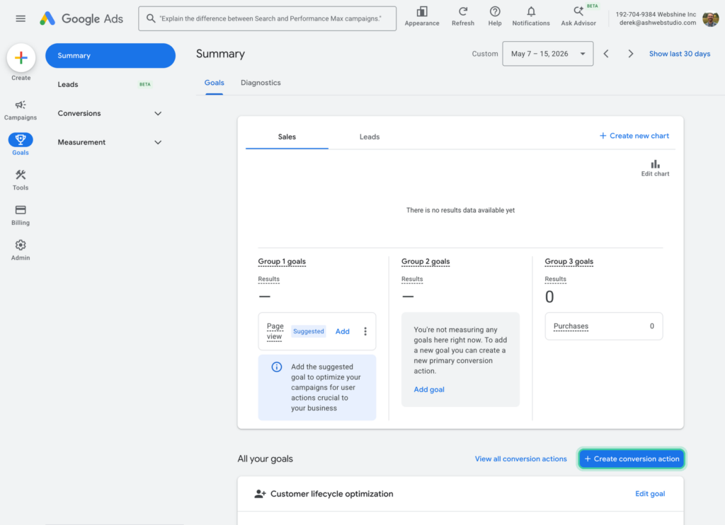 Google Ads Goals summary page with the Create conversion action button highlighted
