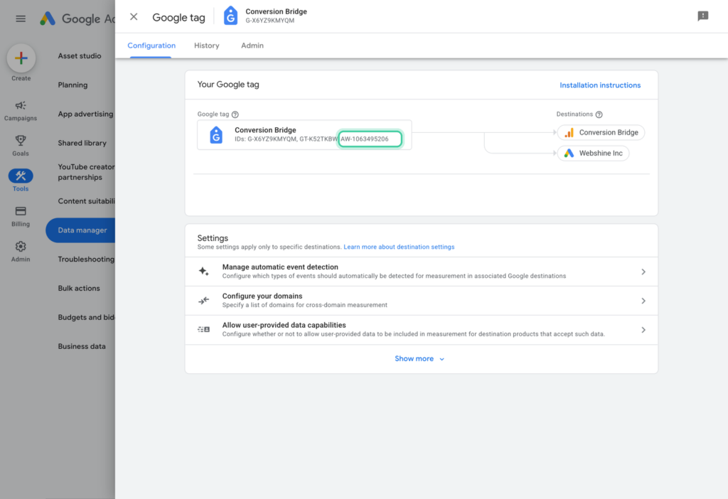 Google tag configuration with the AW- Destination ID highlighted in the list of tag IDs