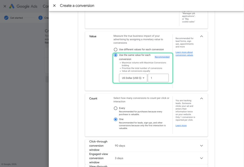 Google Ads conversion value settings with Use the same value for each conversion selected and highlighted