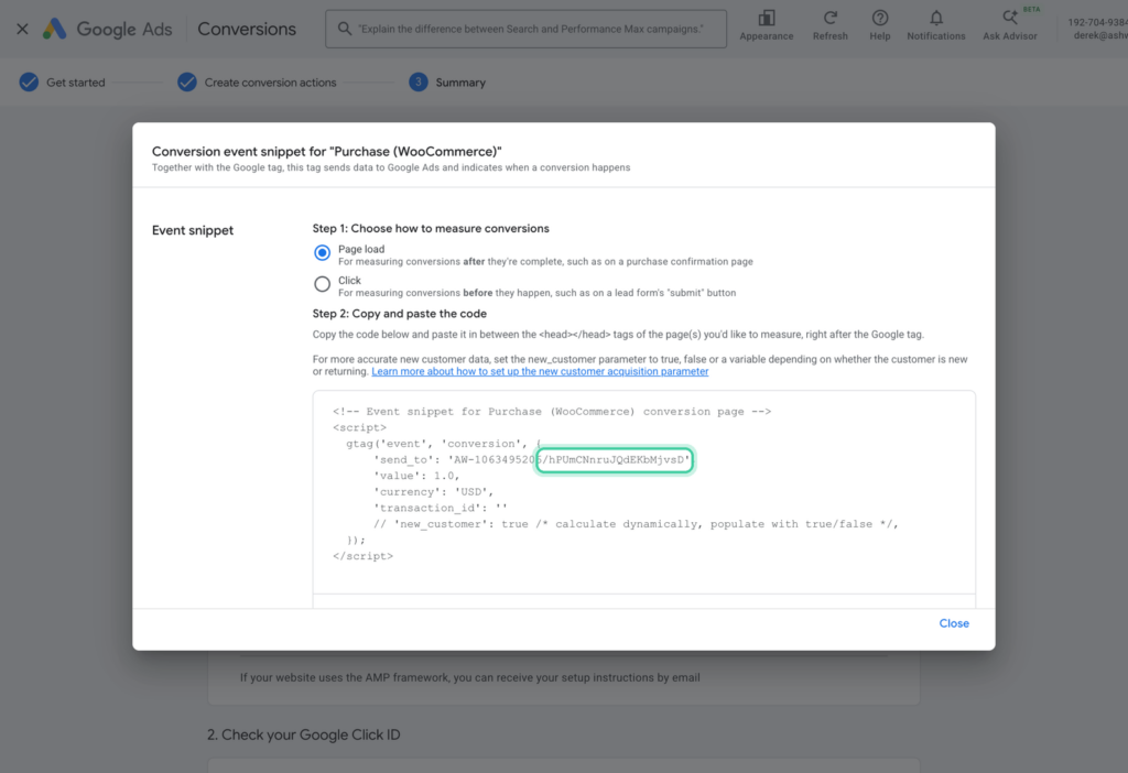 Google Ads event snippet for a purchase conversion with the Conversion Label after the slash highlighted