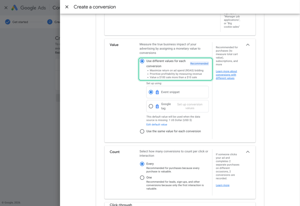 Google Ads conversion value settings with Use different values for each conversion selected and highlighted