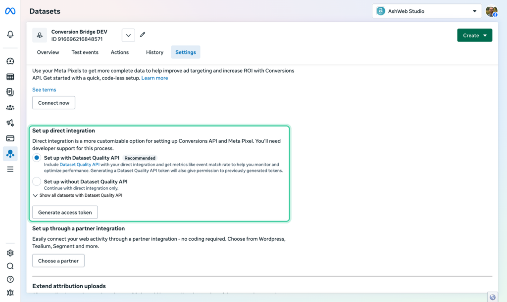 Meta Events Manager pixel settings showing the with and without Dataset Quality API options and the Generate access token button
