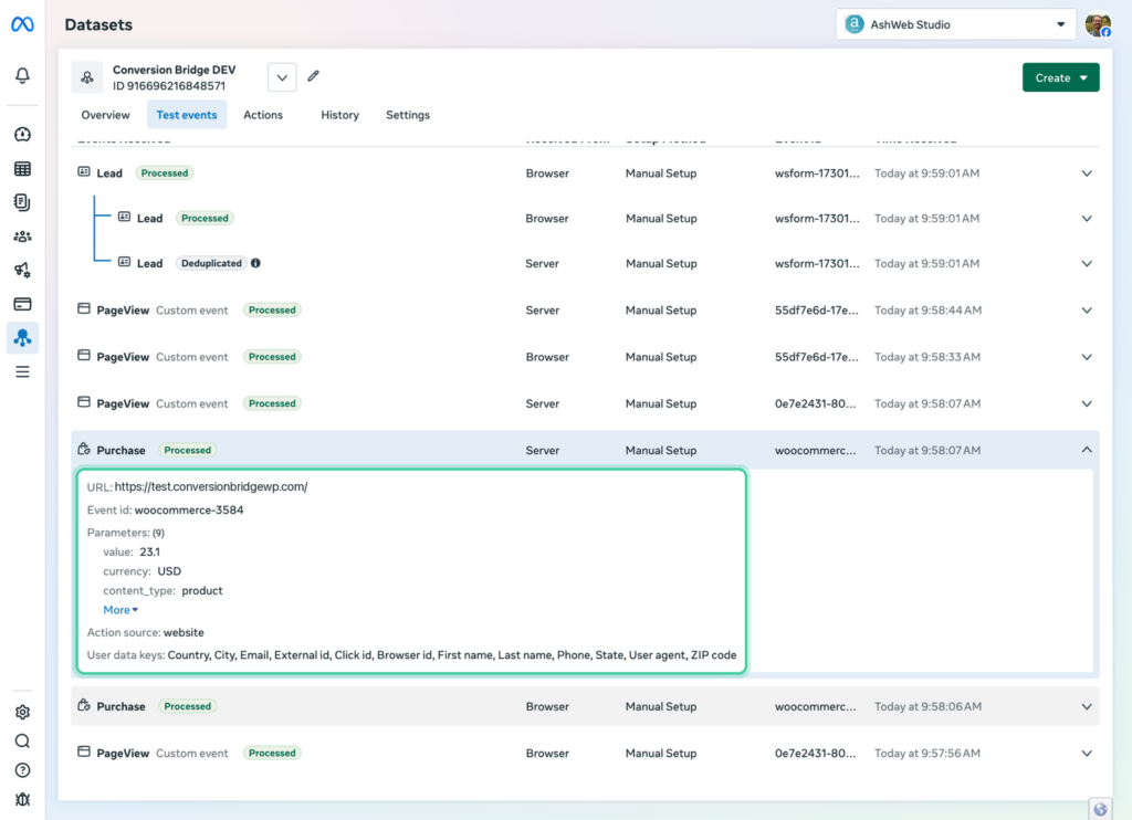 An expanded Purchase in Meta Test events showing the event ID, order value and the user data keys sent with it