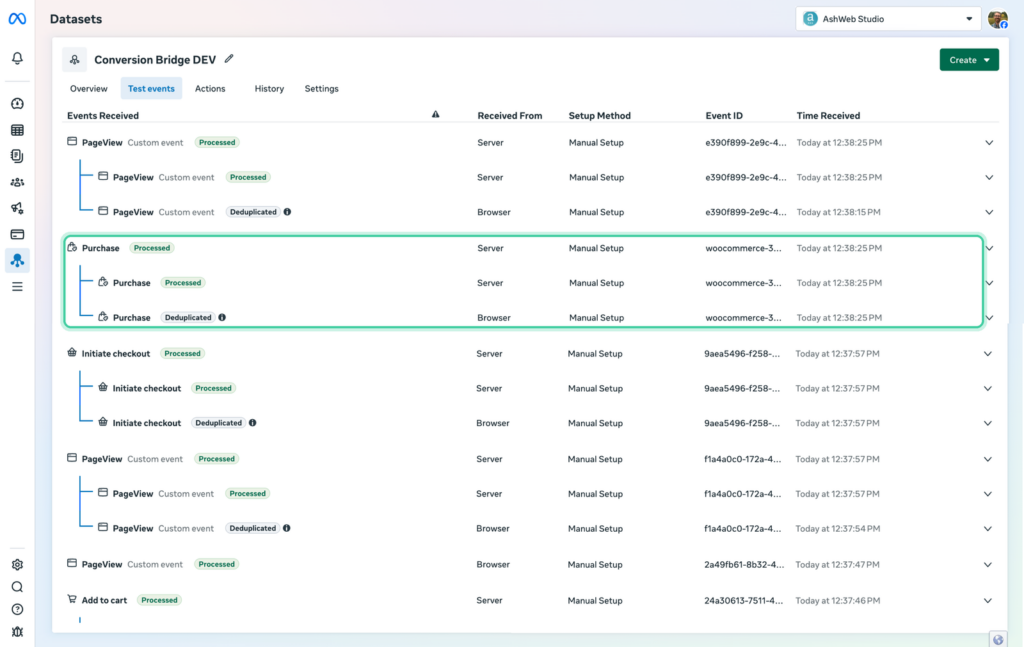 Meta Test events with a Purchase grouped as Processed from the server and Deduplicated from the browser