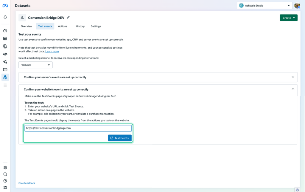Meta Test events with a website address entered and the Test Events button highlighted